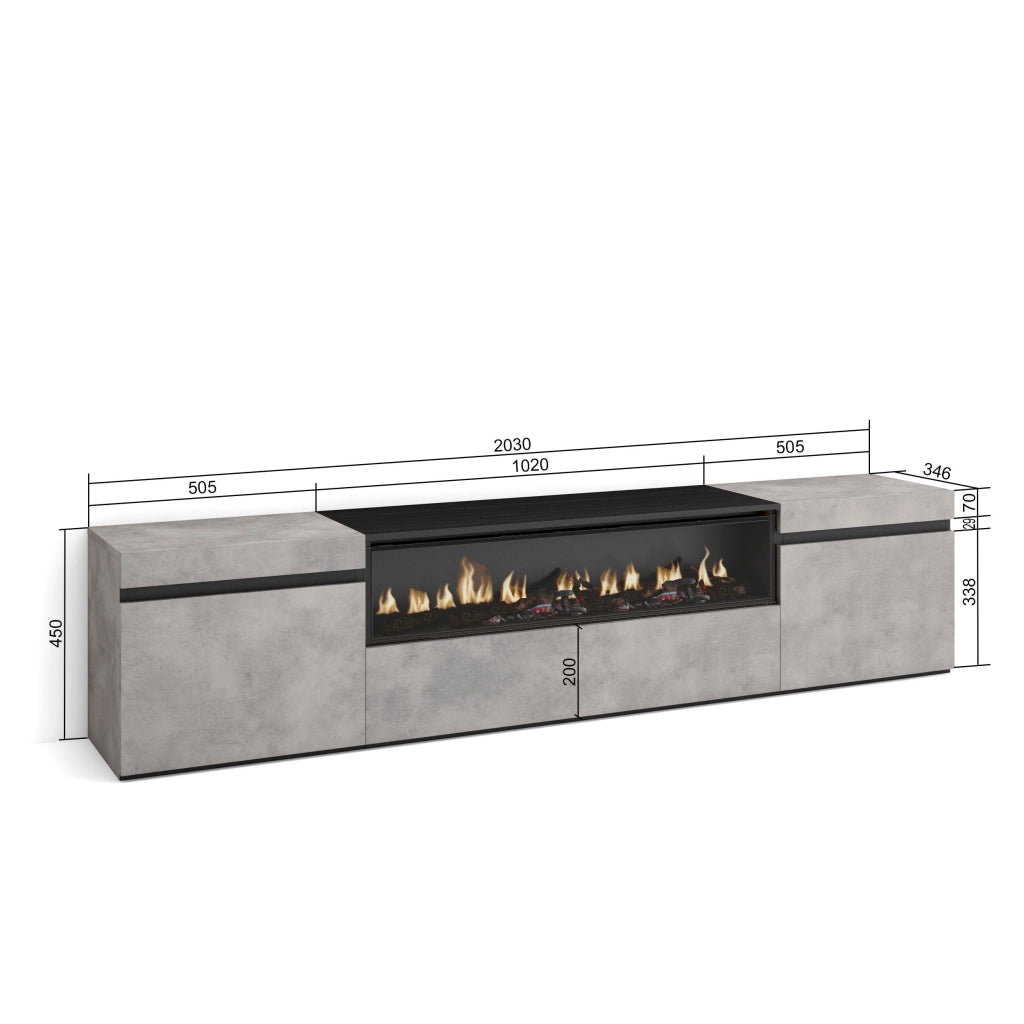 Mobile TV, 200x35x45cm, soggiorno, Per TV fino a 80", Camino elettrico, grigio cemento RF2223