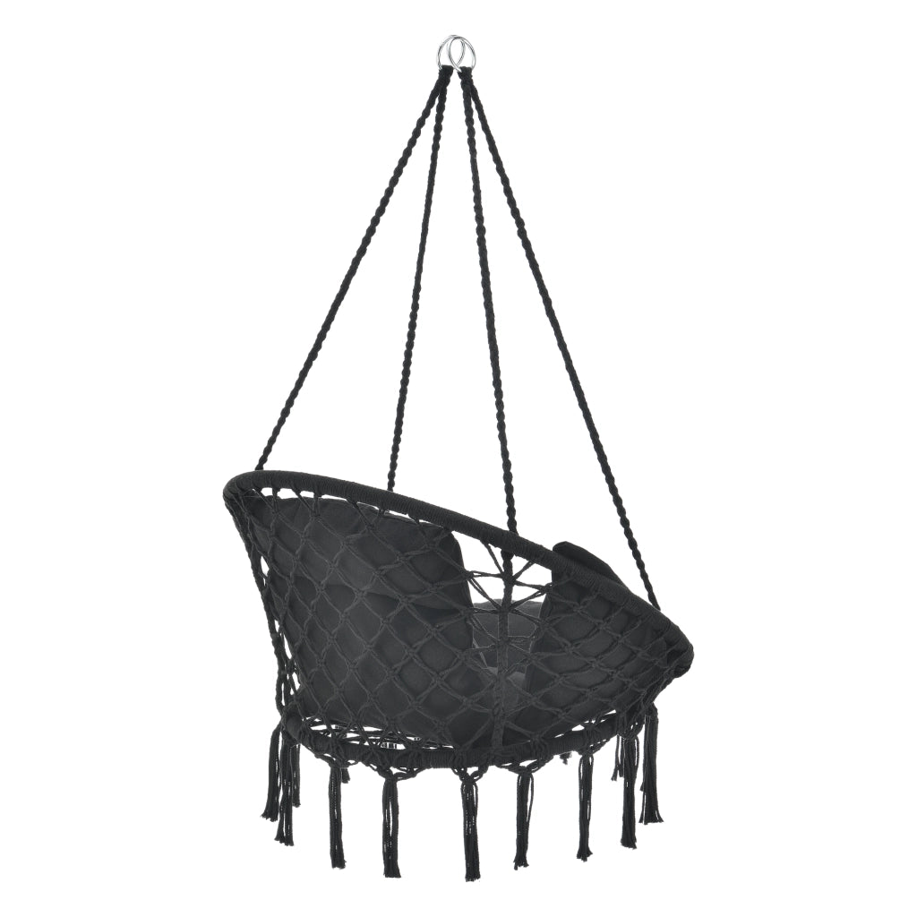 Poltrona Sospesa con Cuscini Altezza Completa di Sostegno 135 cm Altalena Relax Poltrona Appendibile per Interno / Esterno - Supporto Fino a 150 kg - Nero