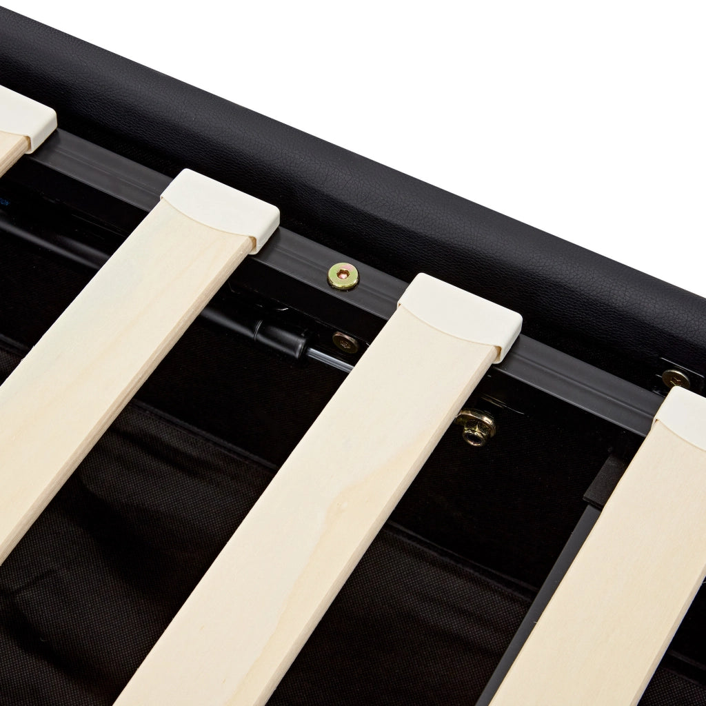 Letto imbottito 90x200 cm in PU nero con USB; LED e contenitore