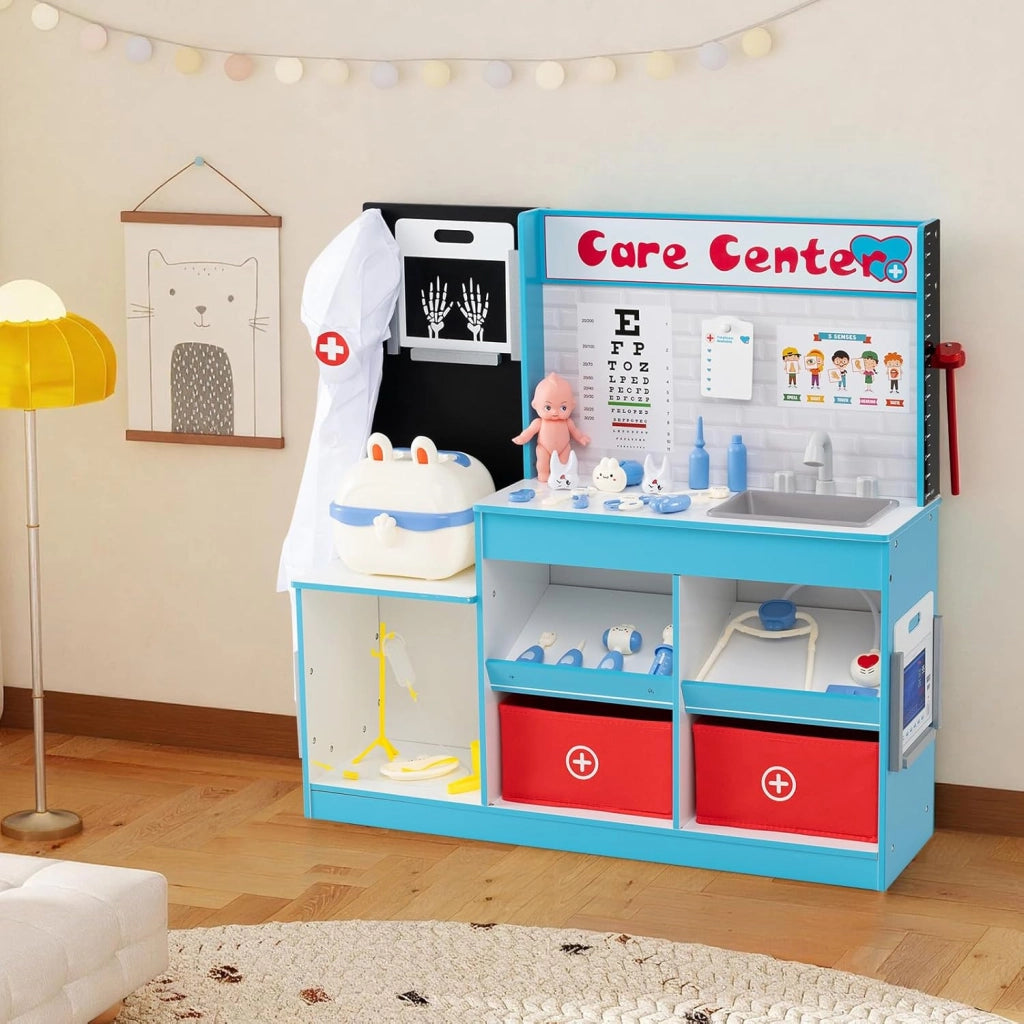 Set Gioco Dottore per Bambini, Gioco di Ruolo Medico in Legno con Stetoscopio, Radiografie, Monitor ECG, Tabella Oculistica e 29 Accessori, Medico Giocattolo per Bambini 3+ Anni (Blu)