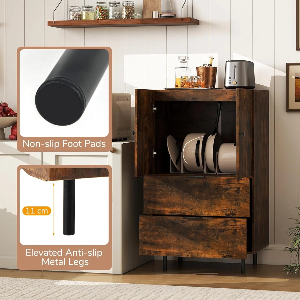 Credenza da cucina, mobile a buffet con 2 cassetti e armadio con ante, armadio con gambe in metallo, per soggiorno, sala da pranzo, corridoio, 60 x 42 x 102 cm (marrone)