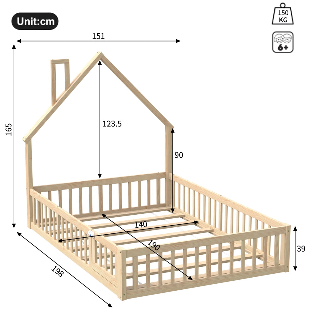 Letto Casetta per Bambini con Camino ¨C MINIMAL ¨C Pino Naturale 140x190 con Rete a Doghe