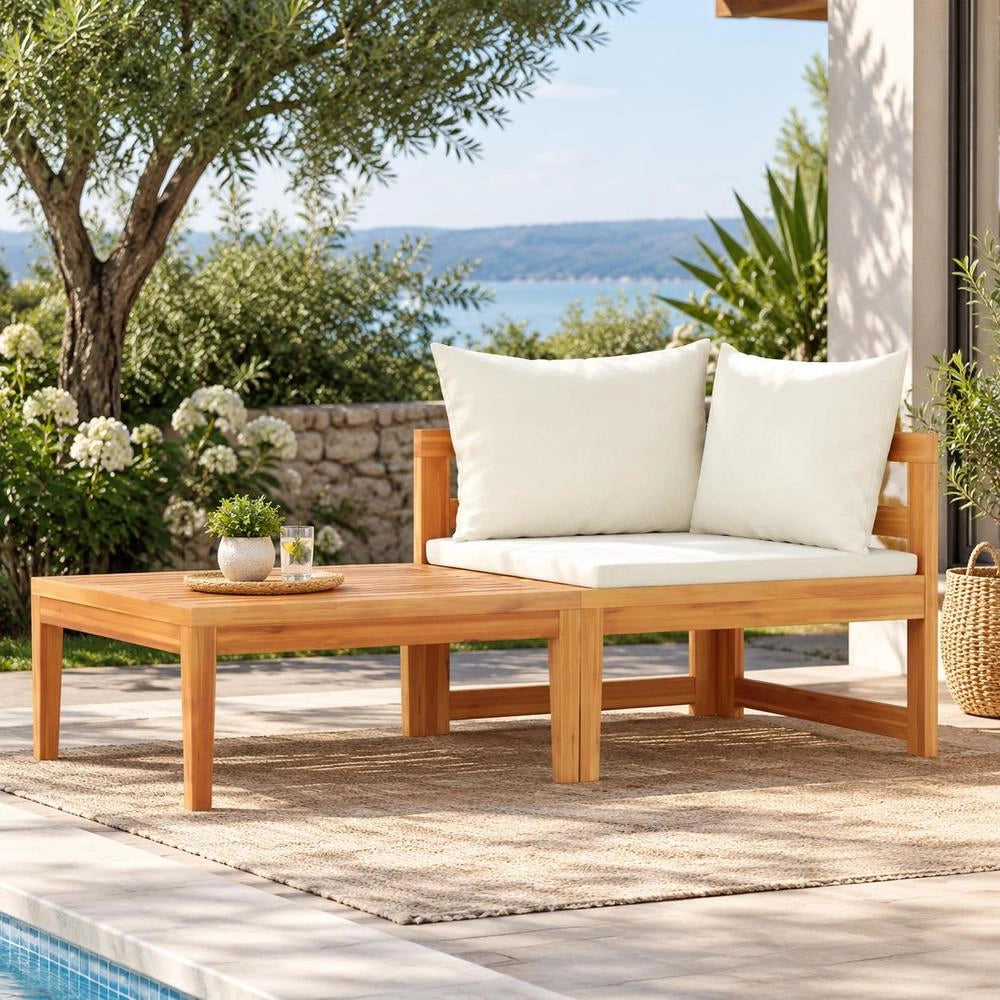 2-piece Garden Lounge Set With Cushions, Cream White, Acacia Wood