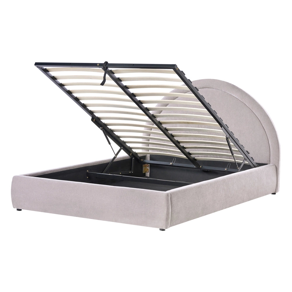Letto imbottito in tessuto di ciniglia tortora 140 x 200 cm, contenitore rialzabile con testiera e rete a doghe