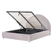 Letto imbottito in tessuto di ciniglia tortora 140 x 200 cm, contenitore rialzabile con testiera e rete a doghe