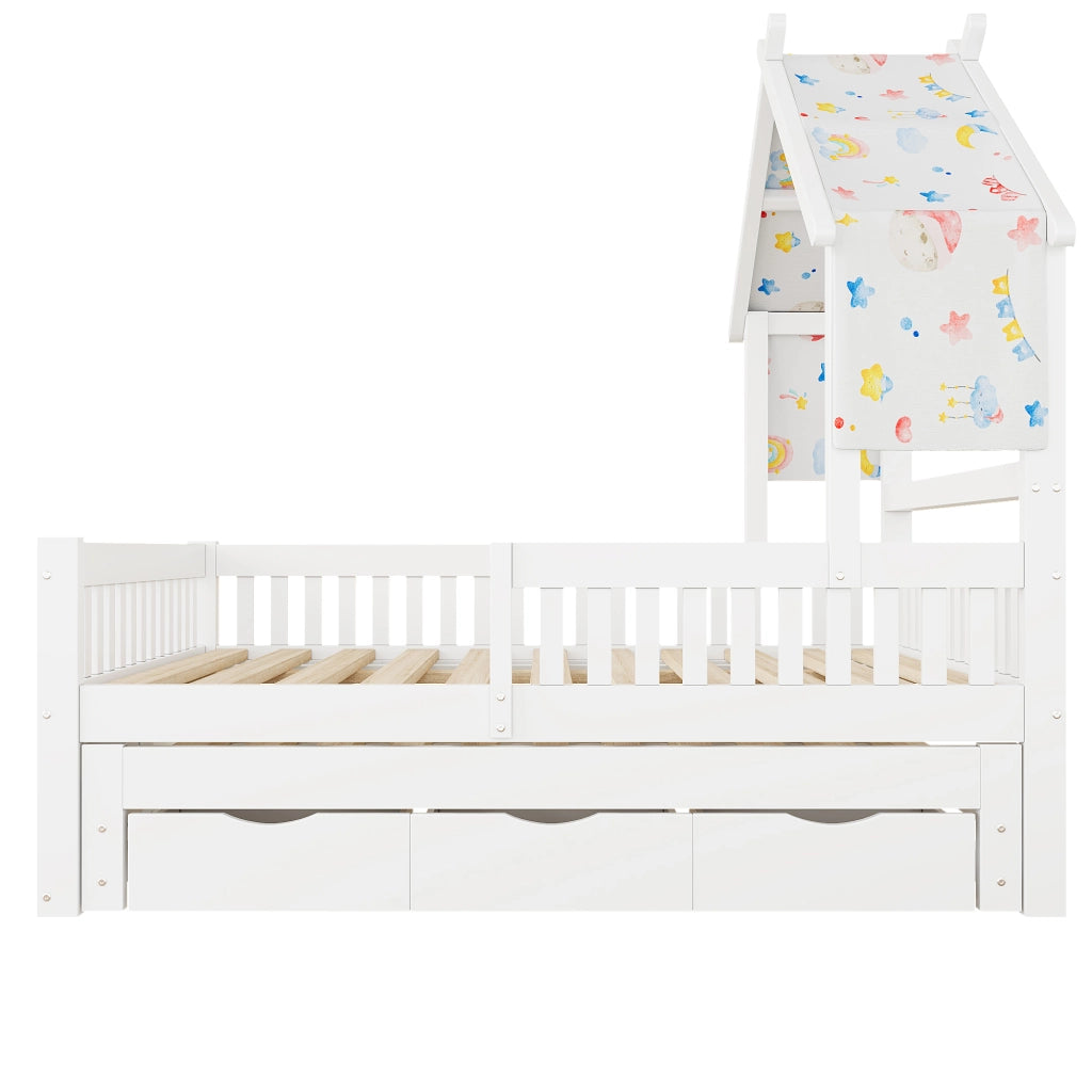 Letto a casetta 140 x 200 cm con letto estraibile; 3 cassetti e sponde di sicurezza; bianco