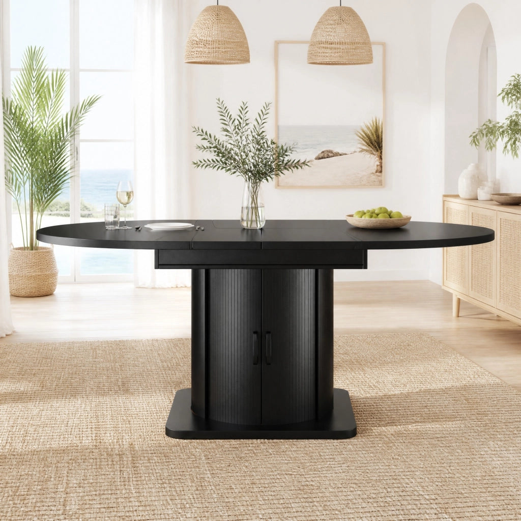 Tavolo allungabile per 4-6 persone con maniglia in metallo e spazio contenitore, stile moderno, in MDF, nero, 118 × 118 × 76 cm