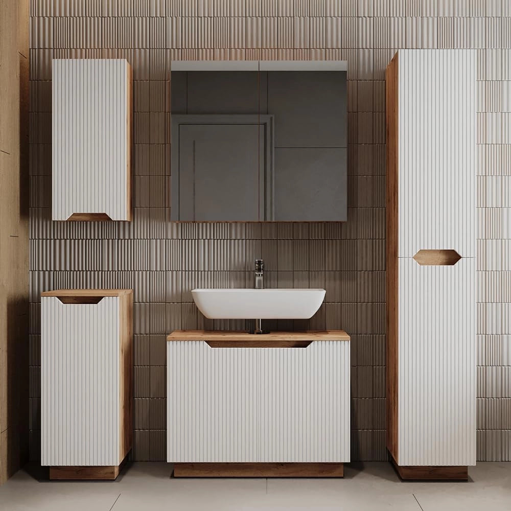Set di mobili da bagno Lotta, Rovere/bianco a strisce, 2 parti