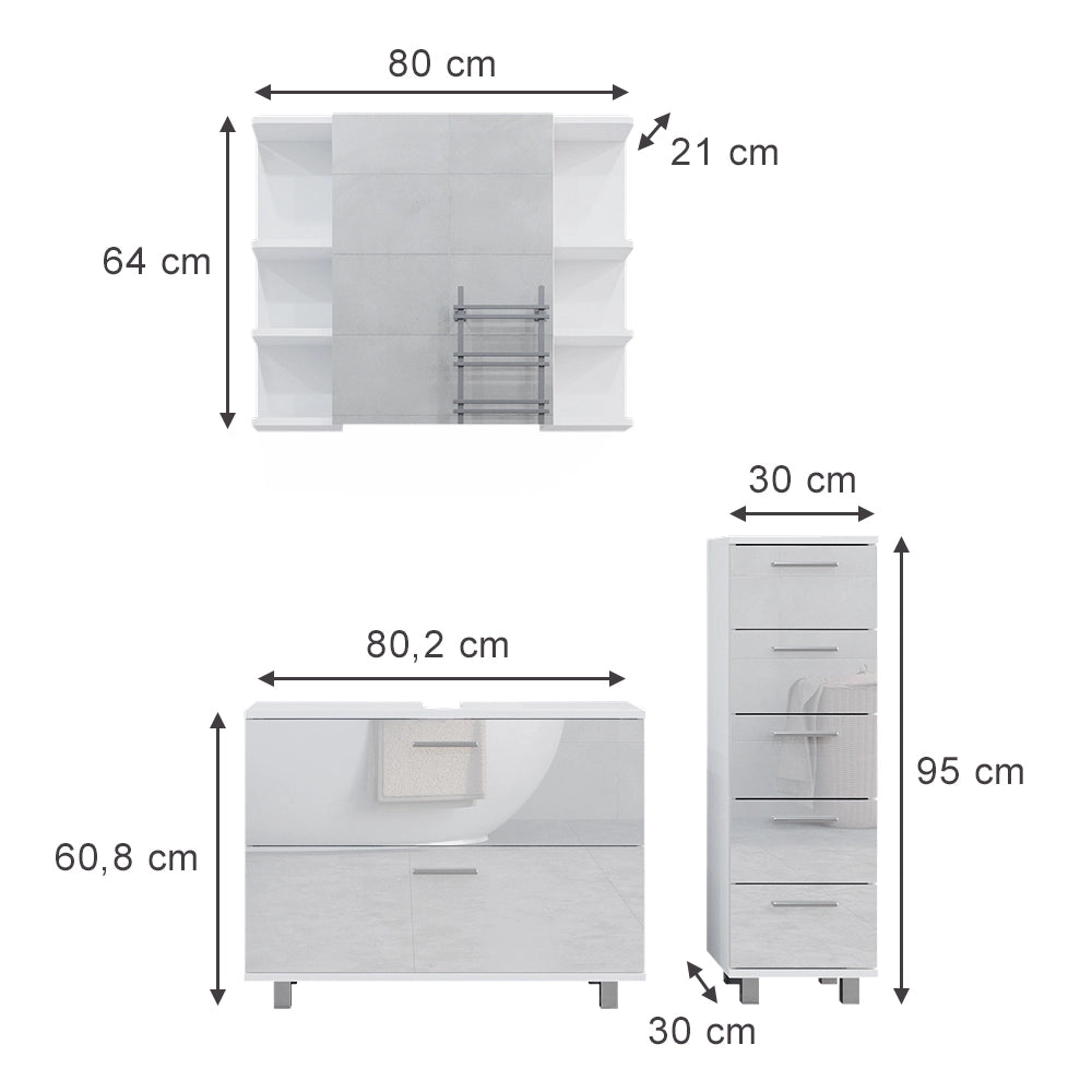 Vicco Set di mobili da bagno Bianco lucido 3 parti, con base 80 cm