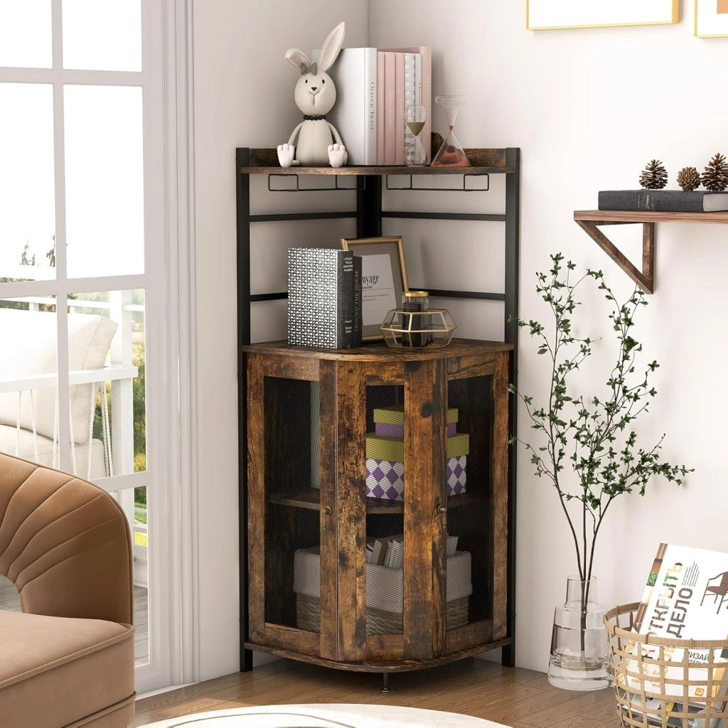 Cantinetta Portabottiglie in Legno, Mobiletto Bar con Porta Bicchieri in Vetro, Porte in Metallo e Ripiano Regolabile, Angolo Bar per Soggiorno, Sala da Pranzo, 48x48x130cm (Marrone)