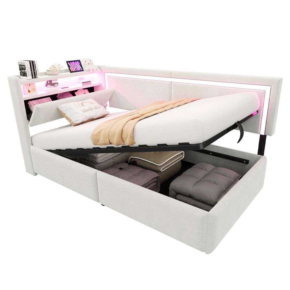 Letto Imbottito Contenitore con LED ¨C Xylo ¨C Velluto Beige 90x200