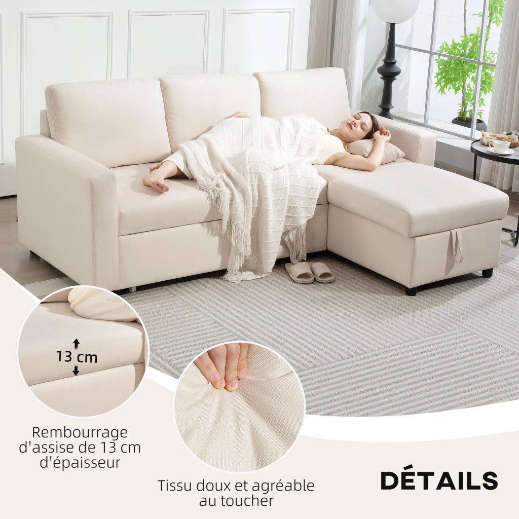 Divano angolare convertible con penisola reversibile, contenitore e cuscini ¨C Xylo ¨C Crema