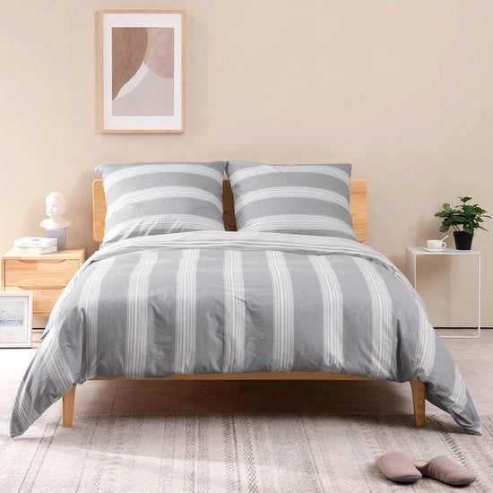 Set di lenzuola in cotone 135 x 200 cm, 2 pezzi di lenzuola a righe bianche e grigie, set di coperte morbide e soffici con chiusura a zip e 1 cuscino 80 x 80 cm