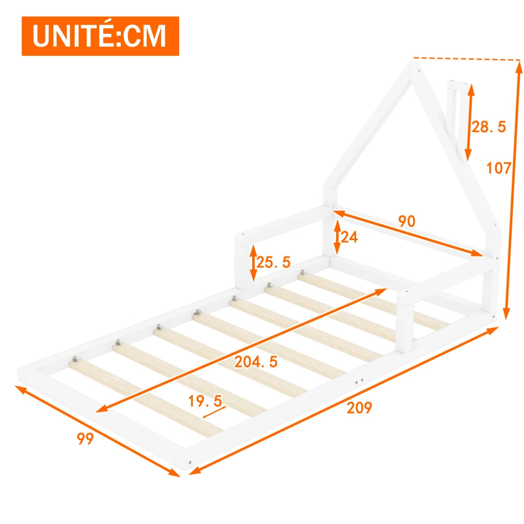 Letto bambino 90×200 cm; forma casa; in pino e MDF; senza materasso; bianco