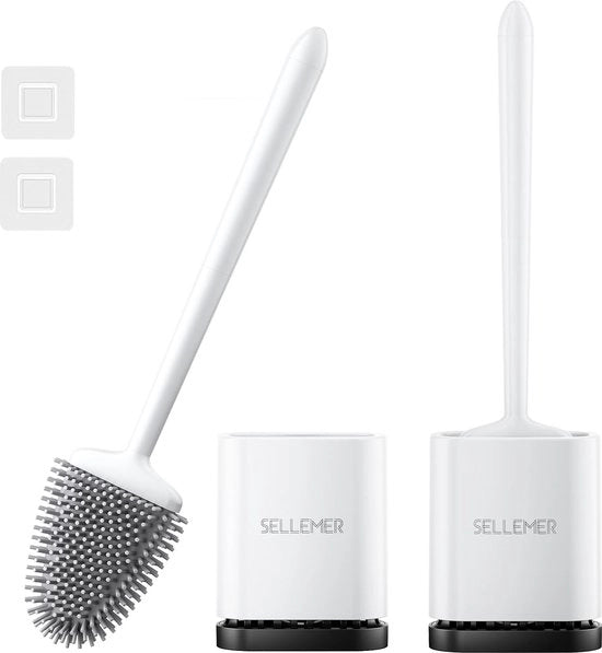 Set di spazzole per il water, insieme di 2 spazzole per il water a muro e a pavimento, spazzole per il water in silicone con contenitore per asciugatura rapida, spazzola per il water in silicone flessibile per il water (bianco)