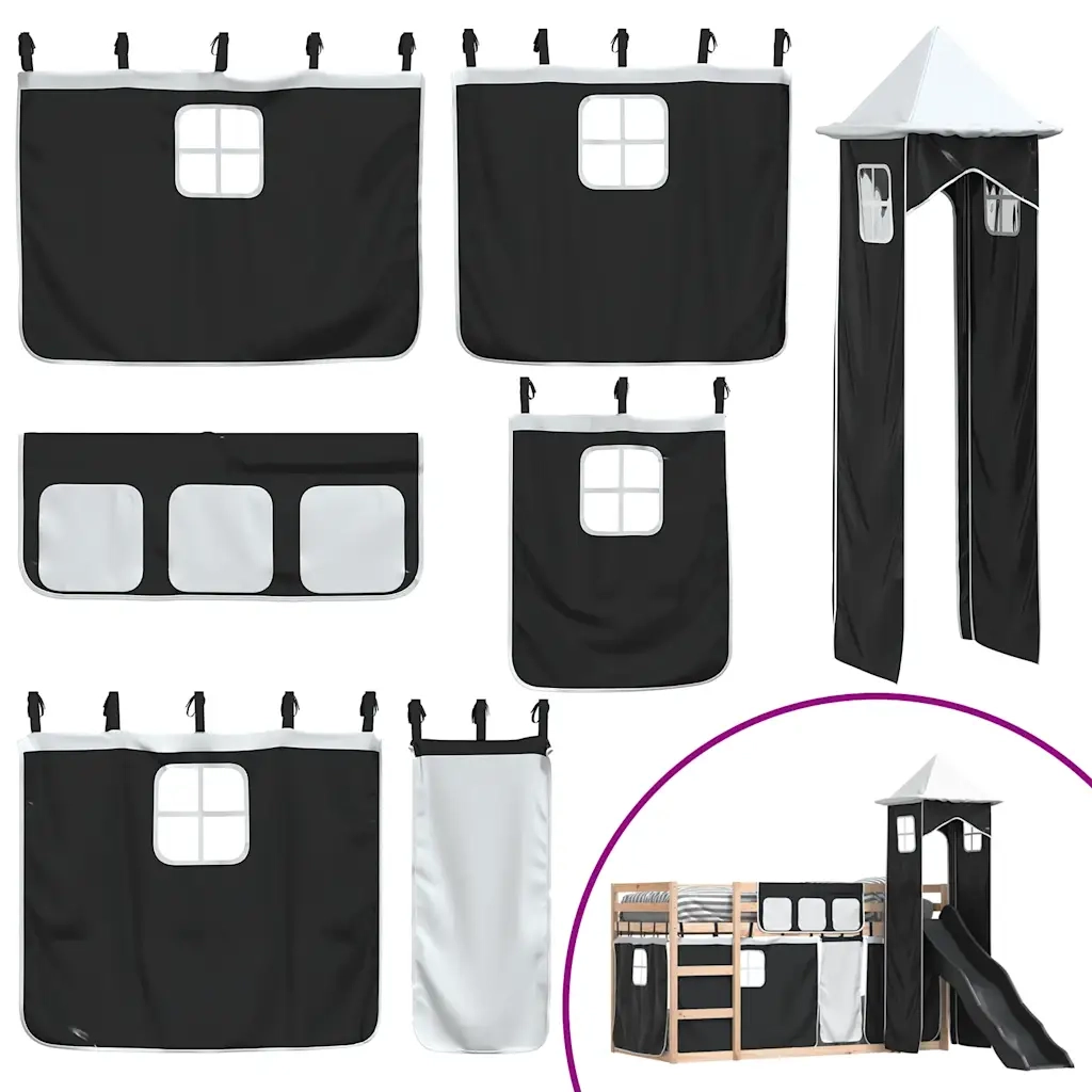 Letto singolo | Letto per adulti | Letto a Castello con Scivolo e Tende Bianco e Nero 80x200 cm