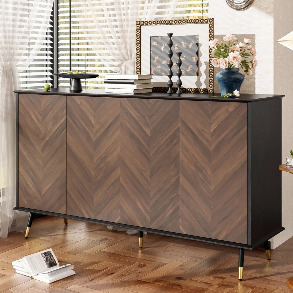 Credenza moderna 140x40x80 cm con 4 ante; ripiani regolabili in MDF nero e marrone