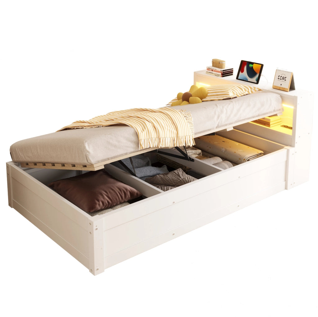 Letto multifunzionale 90x200 cm con contenitore idraulico, LED e presa integrata