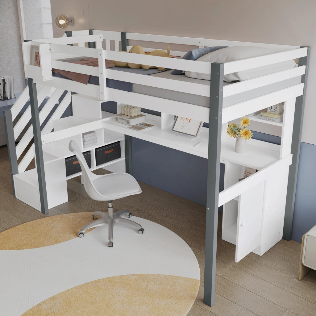 Letto a castello bianco grigio con funzione contenitore in legno e MDF 90x200 cm