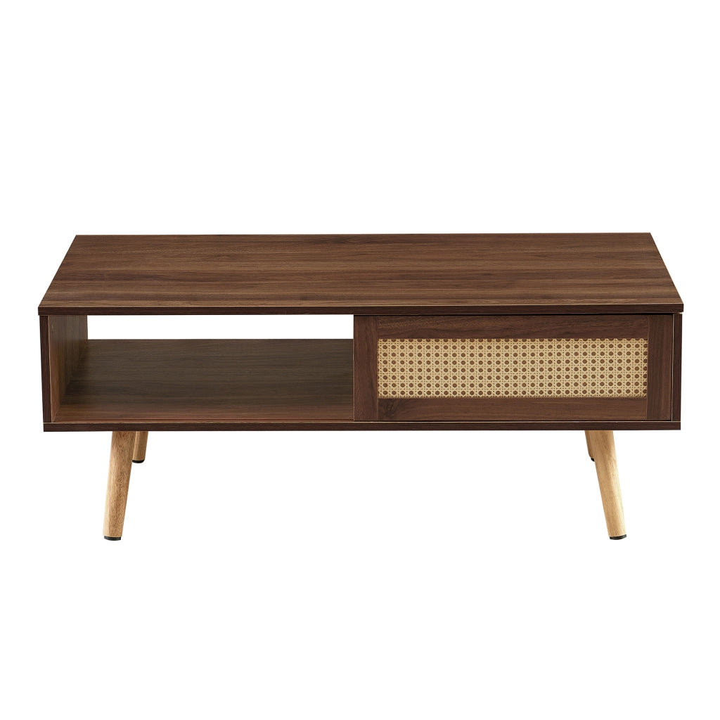 TAVOLINO DA SALOTTO 105x55x40 cm MDF Marrone con ante scorrevoli in rattan