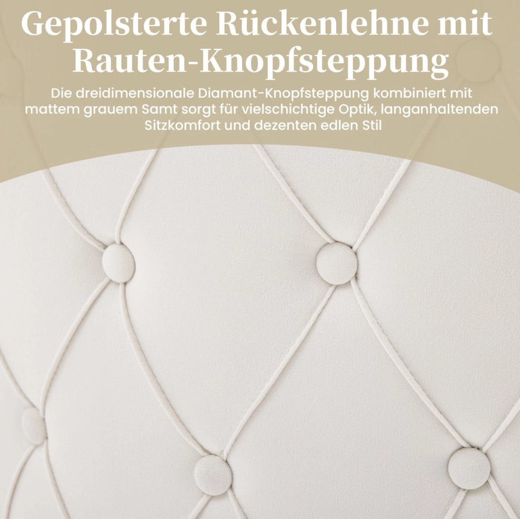 Set di 2 sedie da pranzo in velluto beige e oro; schienale trapuntato; gambe in metallo