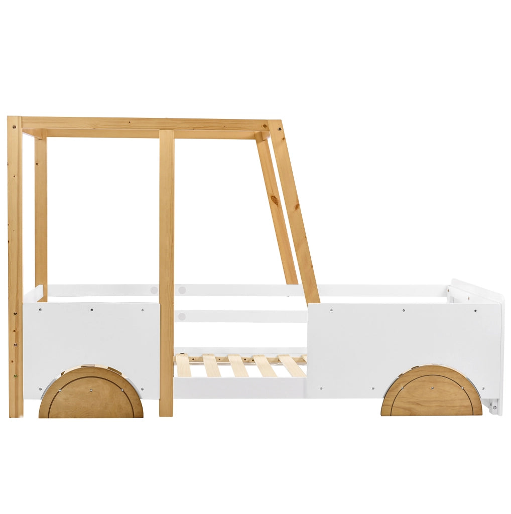 Letto a forma di auto 207.5x95x124 cm con sponde di protezione in legno bianco; naturale e marrone