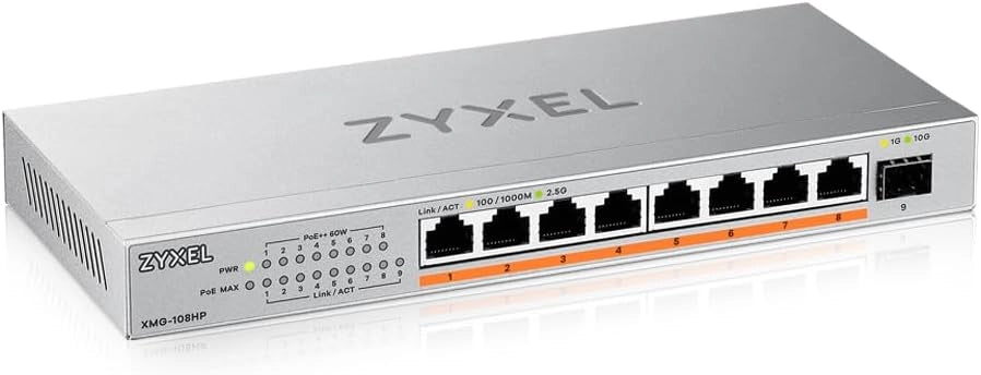 Switch PoE 8 Porte | Unmanaged Multi-Gigabit Switch Ethernet 2.5G | 8x PoE++ Budget 100W + 1x 10Gb SFP+ | Montaggio su Desktop o a Parete [XMG-108HP]