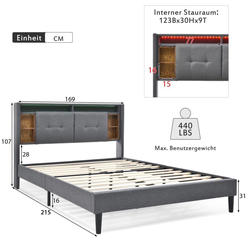 Letto imbottito con testiera contenitore; USB e LED; 160x200 cm; grigio