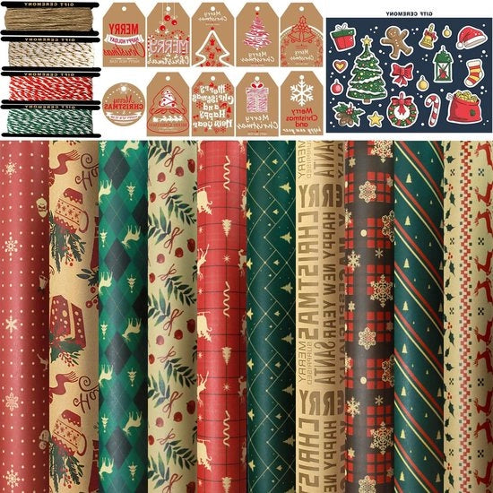 Set di decorazioni per regali con 10 rotoli di carta per regali e 10 etichette per un'imperdibile confezione di regalo