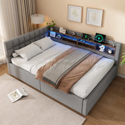 Letto contenitore 140x200 cm con LED dimmerabile; mensole e USB; lino e MDF; beige