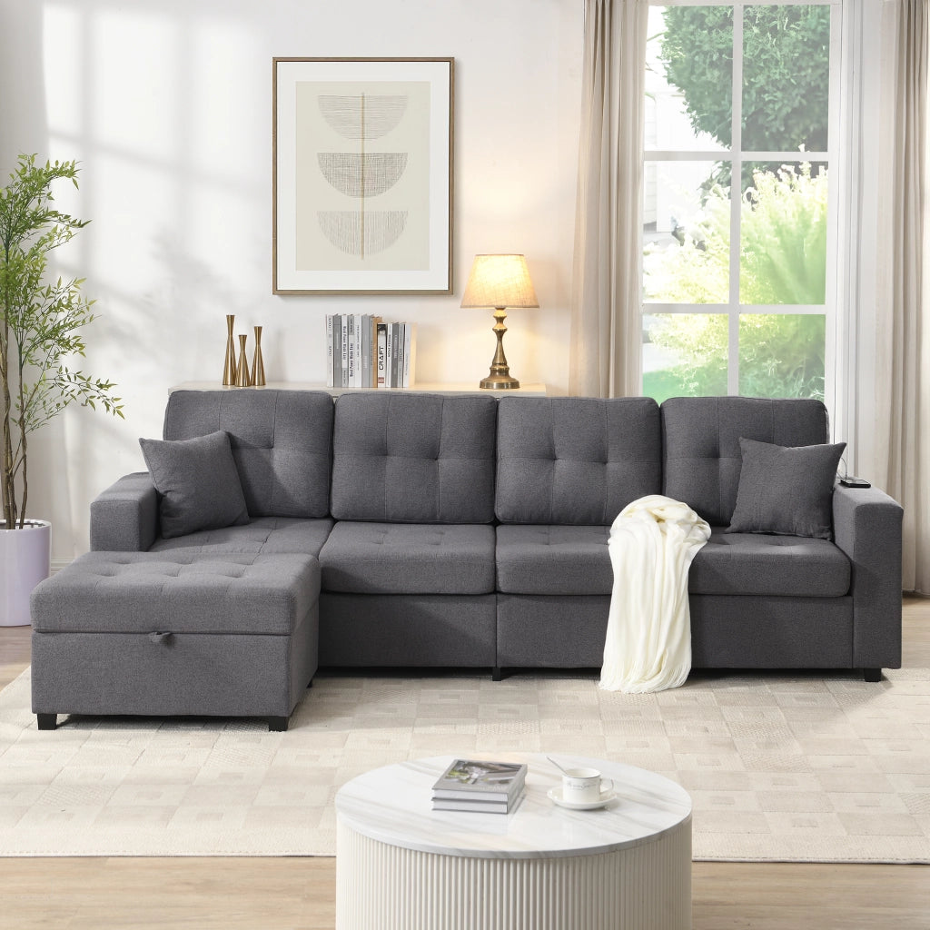 Divano modulare angolare 4 posti - con pouf contenitore; LED e porte USB - in lino - grigio antico