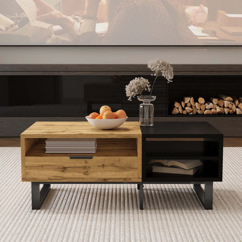 Tavolino da Caffè con 1 Cassetto e 3 Vani Aperti; Gambe in Metallo; Stile Industriale; in Pannello Truciolare; Naturale; 100×50×40 cm