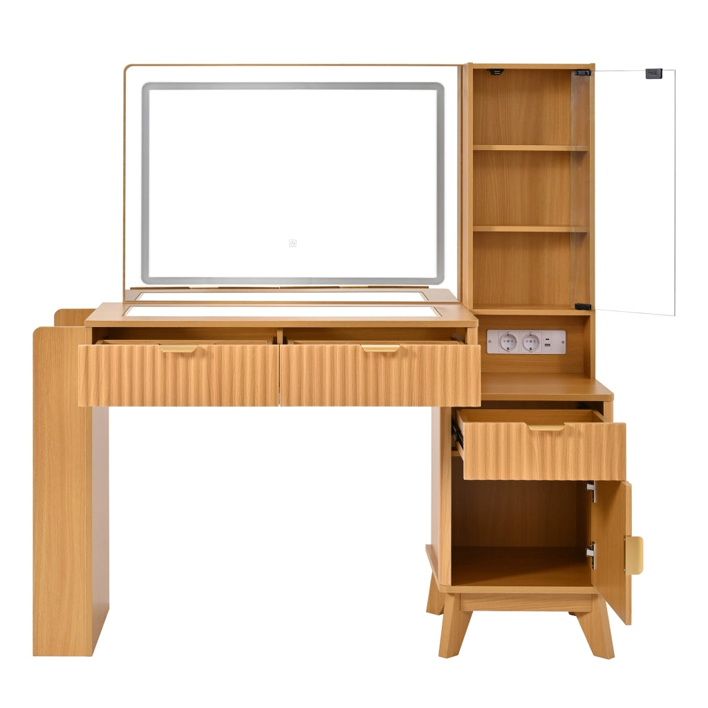 Toeletta con specchio LED, prese elettriche USB e USB-C, 3 cassetti e vani laterali, 133x136x40 cm, Natural