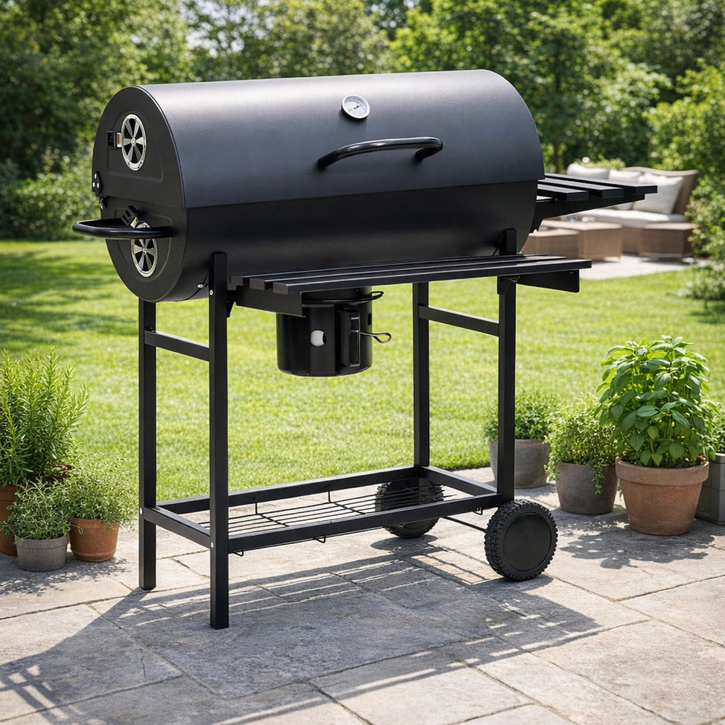 Barbecue A Carbone Con Coperchio Termometro Integrato Grill BBQ In Acciaio Nero