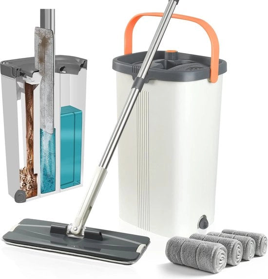Set di Scopa e Scatola per Acqua con Sistema di Separazione per Acqua Sporca e Pulita - Ideale per la Pulizia dei Pavimenti