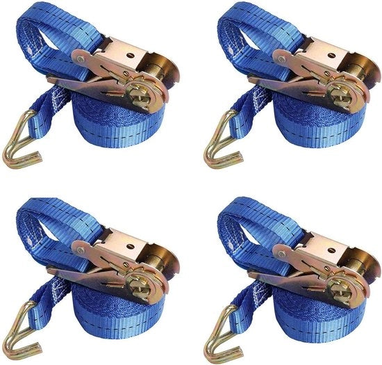 Cinghie di tiraggio pesanti - 4 x 800 kg - 5 m - cinghie di tiraggio regolabili - ganci J - blu Cinghie di tiraggio con ratola