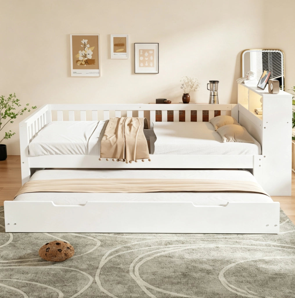 Letto multifunzione in legno 90x200 cm bianco con letto estraibile; LED; prese e vano portaoggetti