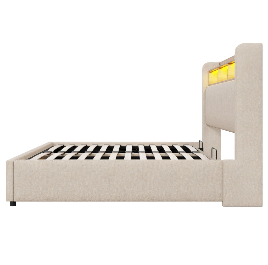 Letto imbottito 140x200 cm; LED e contenitore; lino beige