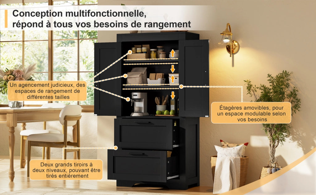 Credenza alta da cucina in stile rustico, con 2 cassetti, ripiani regolabili, struttura autoportante, colore nero