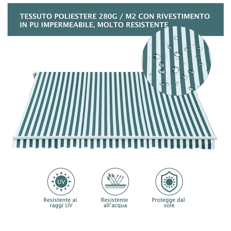 TENDA DA SOLE A BRACCI PER ESTERNO CON MANOVELLA METALLO E POLIESTERE 295X250CM VERDE E BIANCO