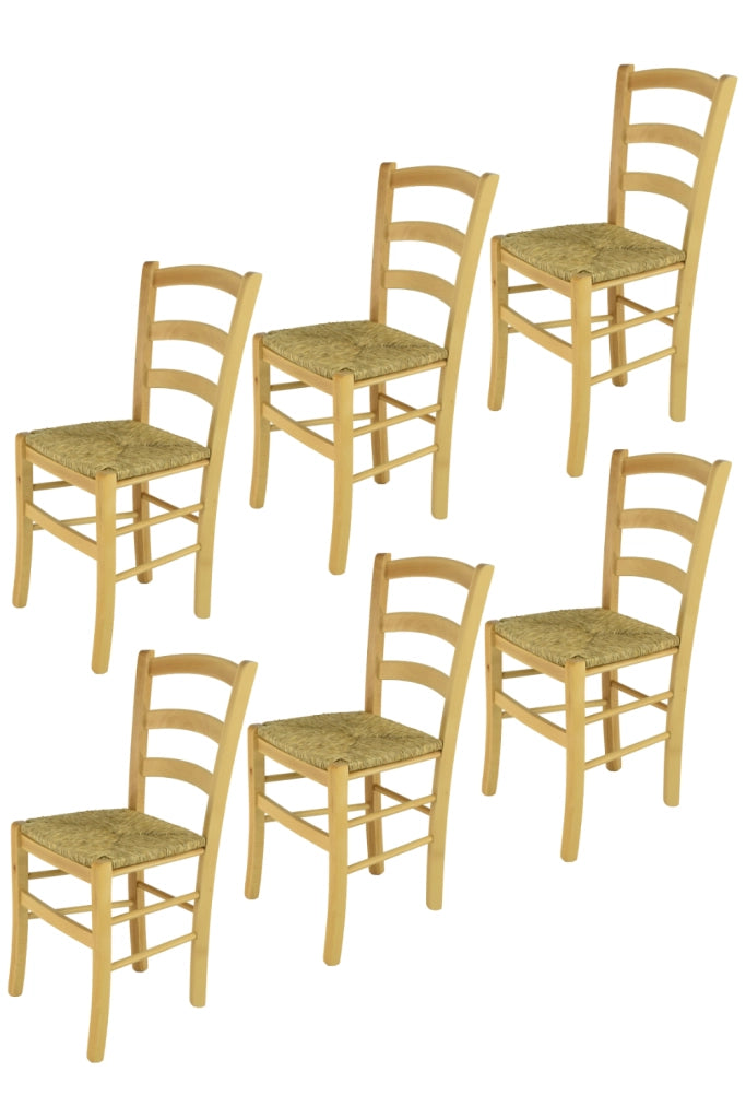 Set 6 Sedie Venice Tommychairs, robusta struttura in legno di faggio verniciata in naturale e seduta in paglia