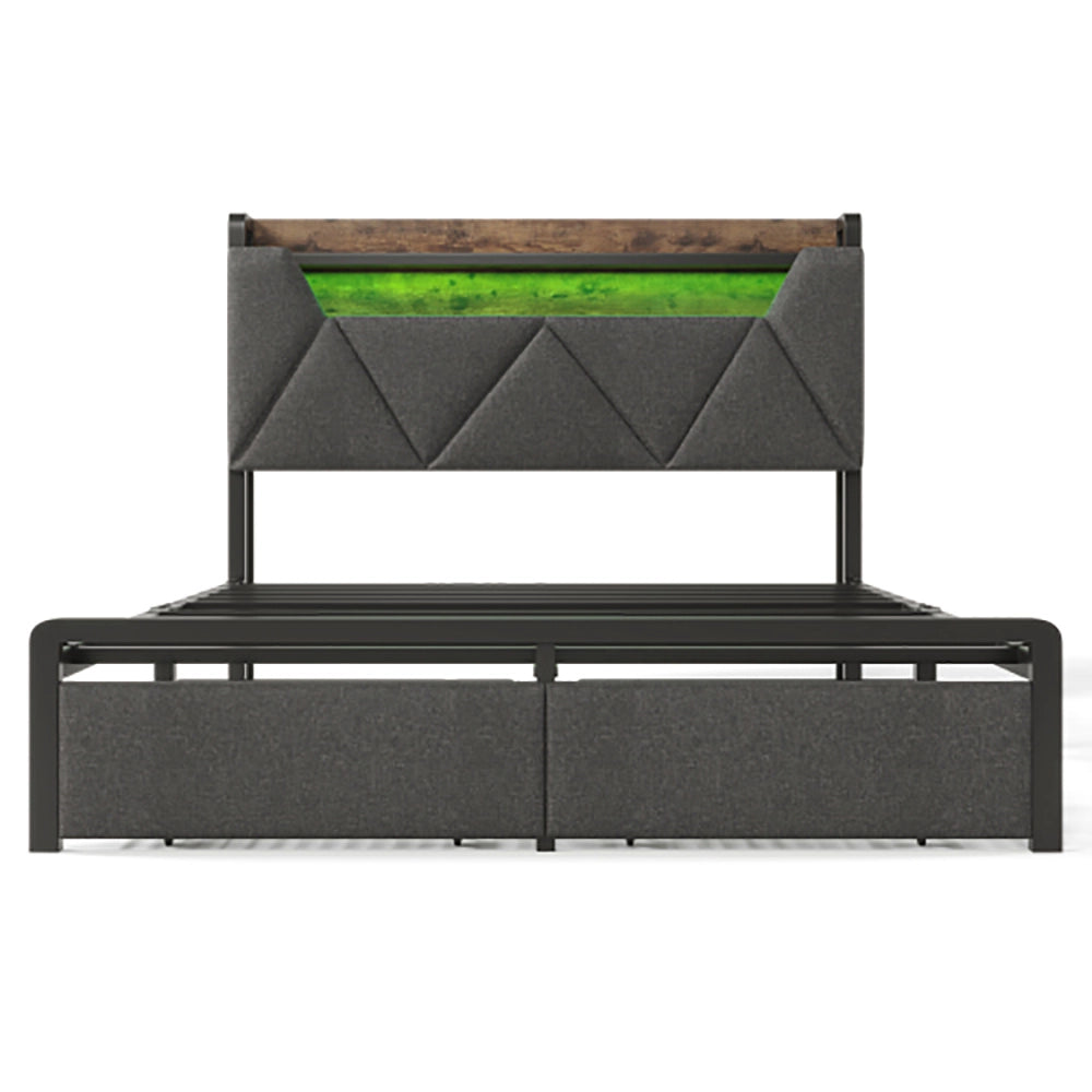 Letto matrimoniale con cassetti - Xylo - 160x200 cm - Grigio - USB Type C, imbottito, rete metallica