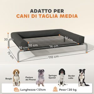 Brandina per Cani Rialzata 110x75x30 cm con Cuscino a U in Tessuto Nero e Argento