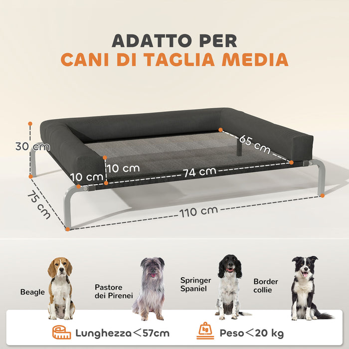 Brandina per Cani Rialzata 110x75x30 cm con Cuscino a U in Tessuto Nero e Argento