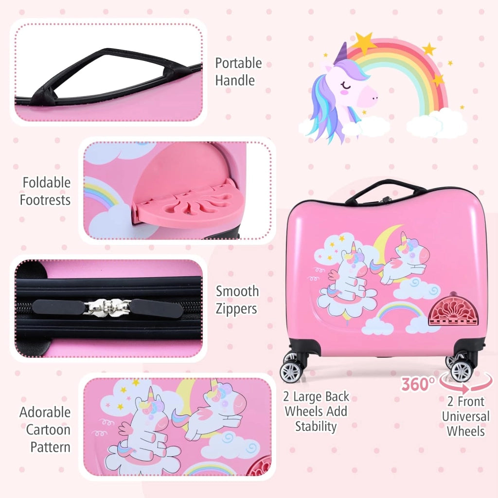 Set di Valigia Cavalcabile 18’’ + Zaino 12’’ per Bambini 2 Pezzi, Bagagli 2-in-1 di con Maniglia Telescopica e 4 Ruote, Trolley Bagaglio a Mano e Zaino per Bambini (Rosa Unicorno)