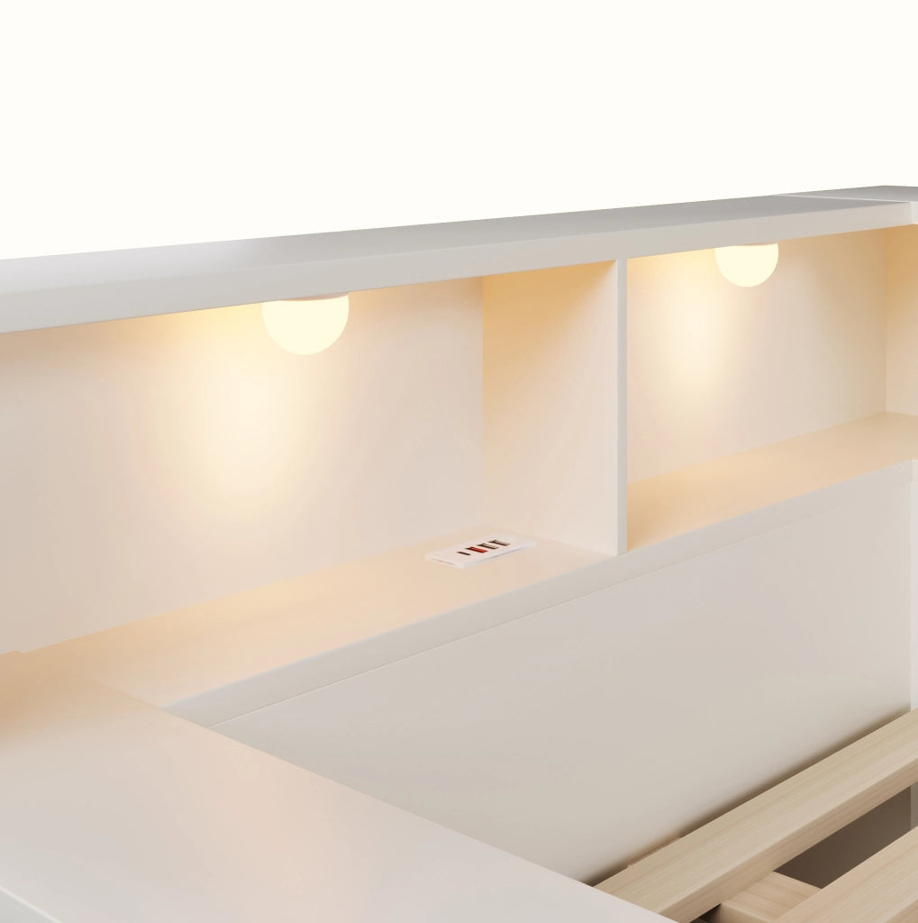 LETTO 140x190 cm con cassetti, USB, Type-C e luci Bianco