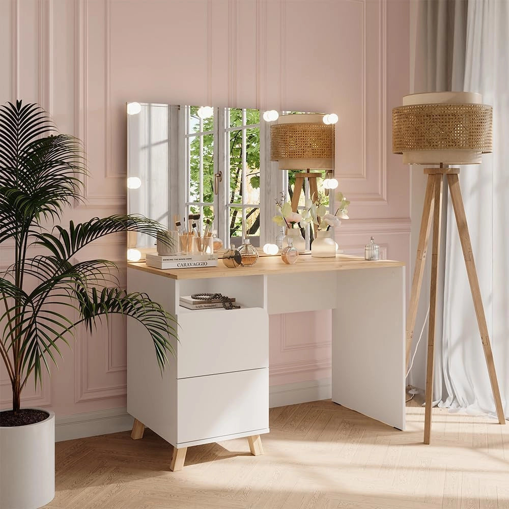 Tavolo da toeletta Karen, Bianco/Artisan, 110 cm con luci fiabesche a LED, Materiali robusti per un utilizzo duraturo