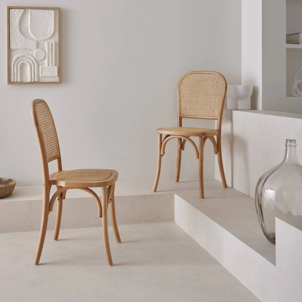 Set di 2 sedie vintage in legno e rattan, marrone naturale