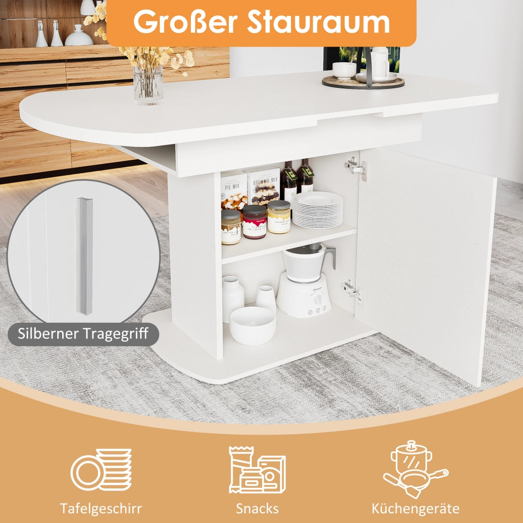 Tavolo da pranzo allungabile ovale con vani contenitore e armadietti, per cucina e sala da pranzo, in truciolato, bianco
