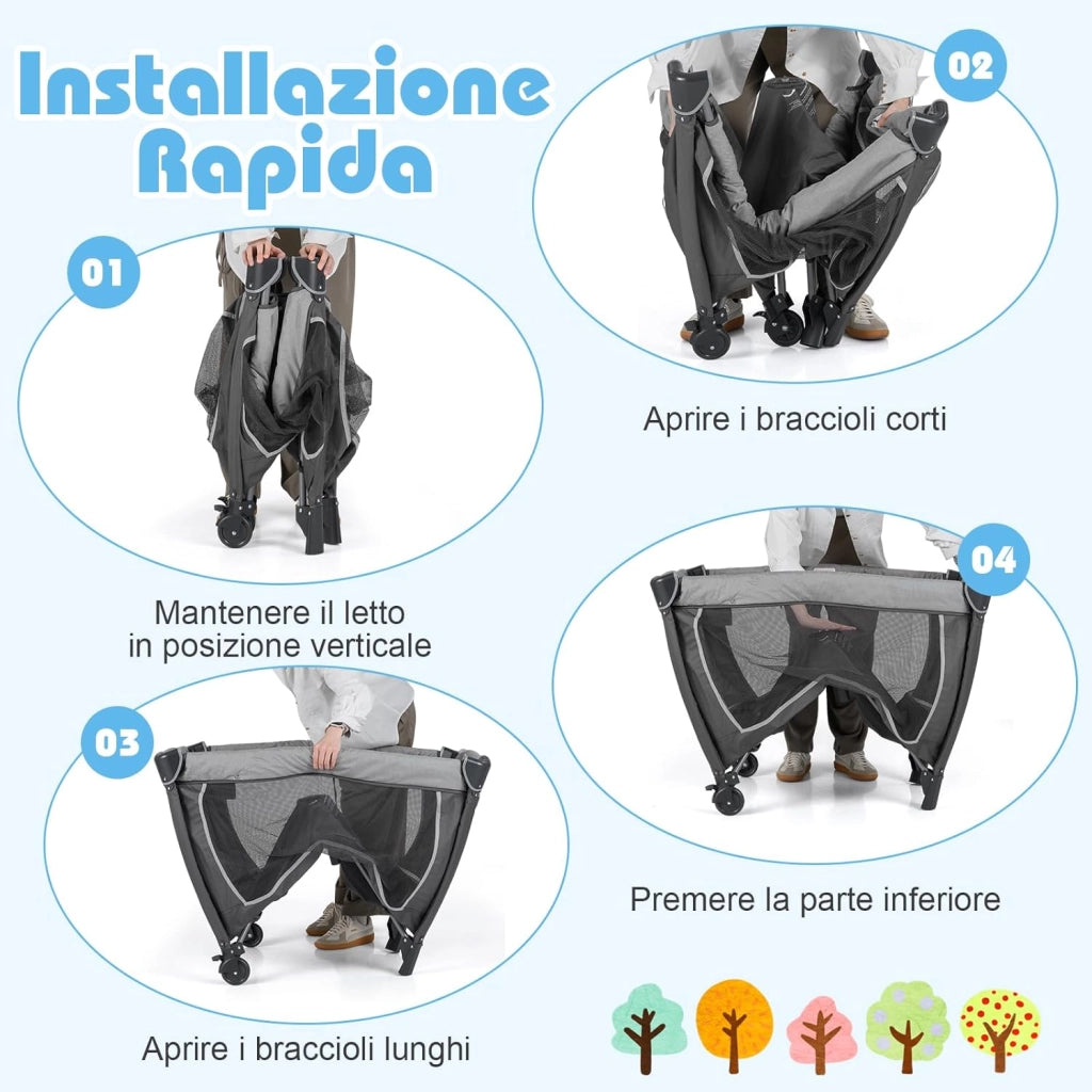 Culla Campeggio Bambini 5 in 1, Lettino Viaggio Neonati Pieghevole con Materasso, Fasciatoio e Tettoia, Box Portatile con Ruote, 2 Giocattoli Appesi e Carillon, per Bambini 0-3 Anni (Grigio)